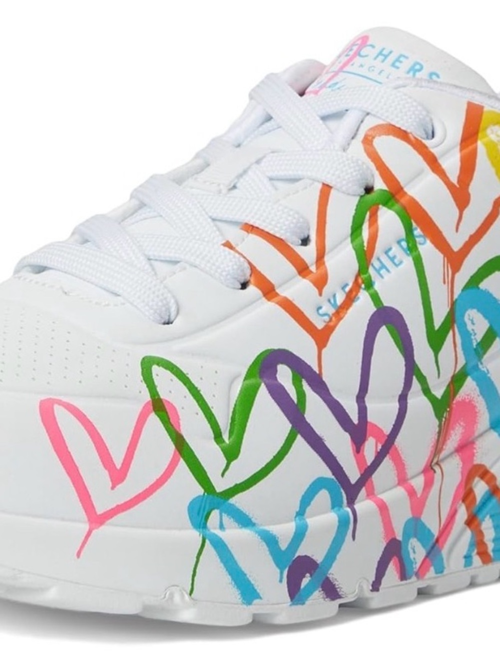 Skechers White Platform Sneaker with Colorful Heart Print